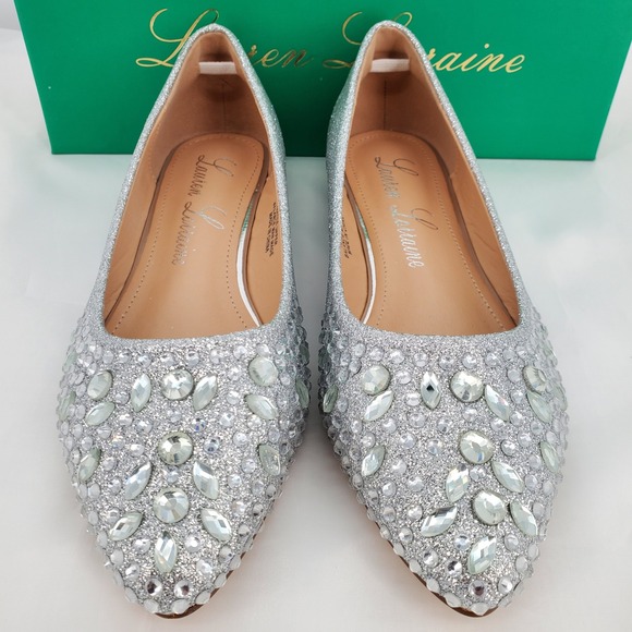 Lauren Lorraine Kelsey 8 Silver Rhinestone Embellished Pointed Toe Ballet Flats - Picture 2 of 8